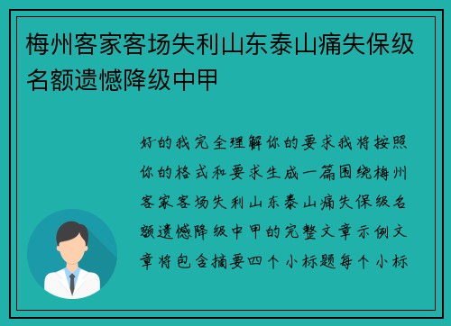 梅州客家客场失利山东泰山痛失保级名额遗憾降级中甲 梅州客家客场失利山东泰山痛失保级名额遗憾降级中甲